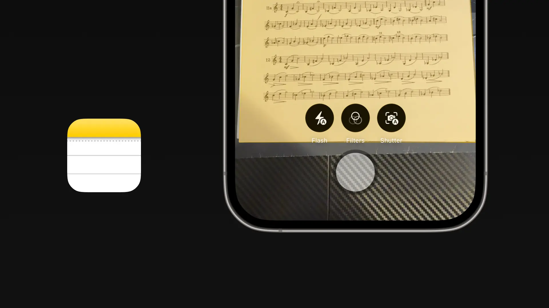 An iPhone using the Notes app to scan a printed page of sheet music
