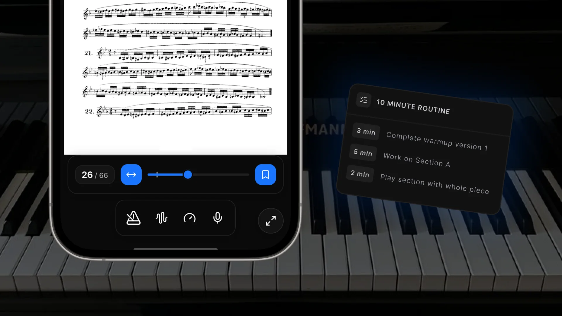 Musician planning a structured practice routine beside an instrument and metronome