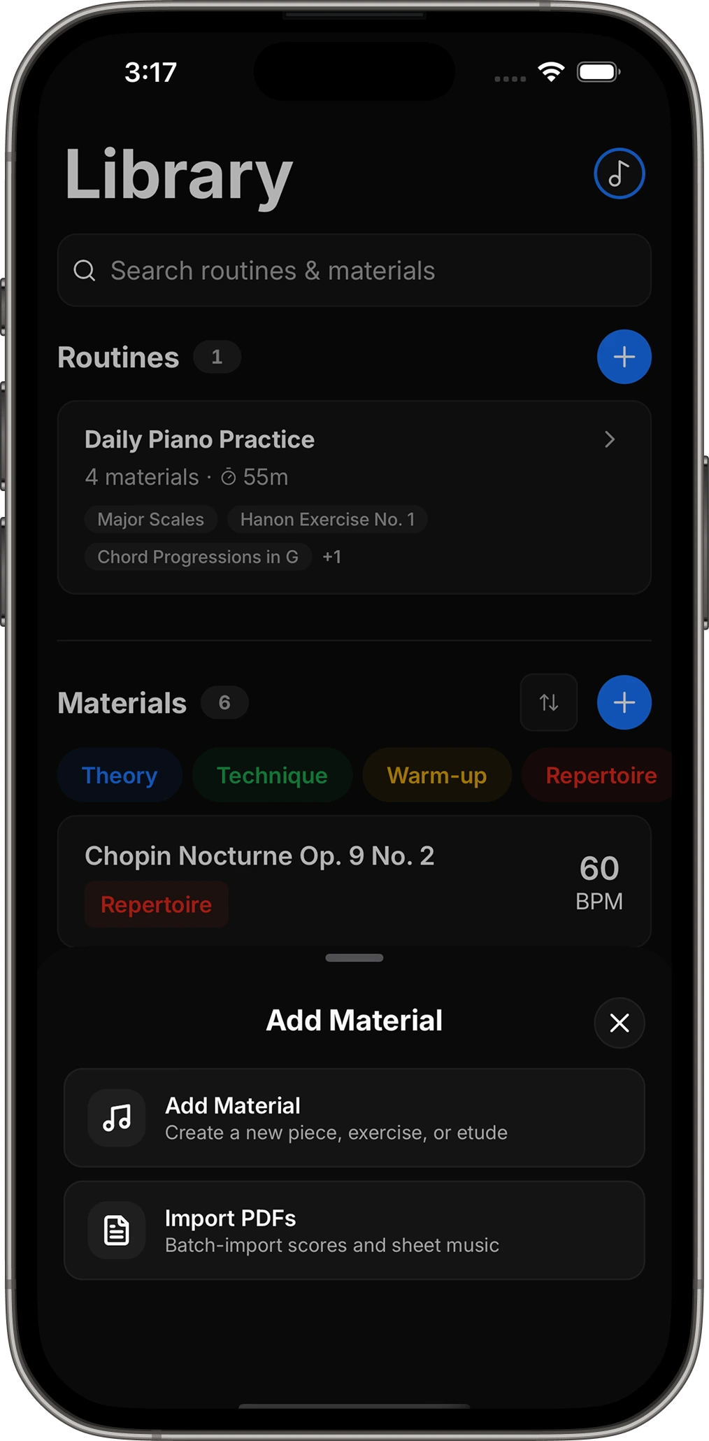 PracticePal AI app showing the import PDFs option