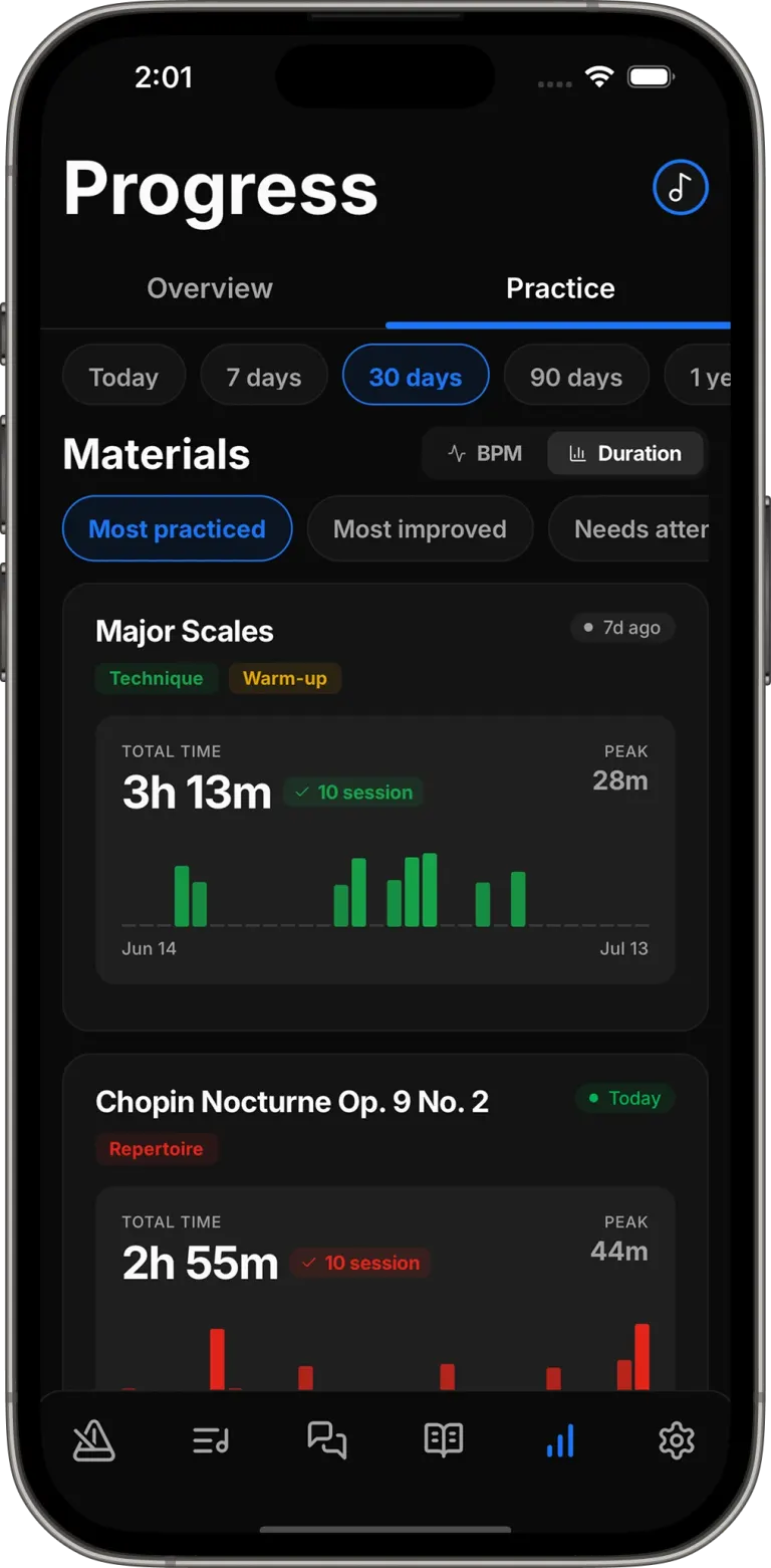 PracticePal progress of materials