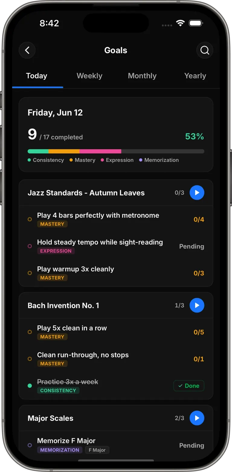 PracticePal daily goals and completed practice tasks