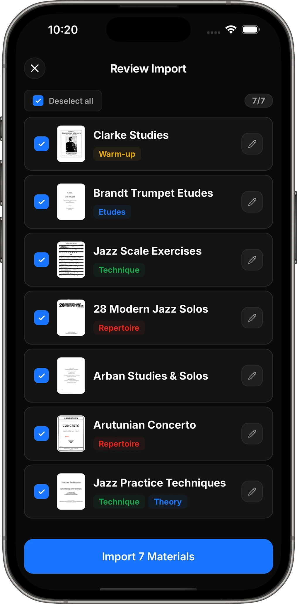 PracticePal material detail with sheet music, notes, and an attached recording