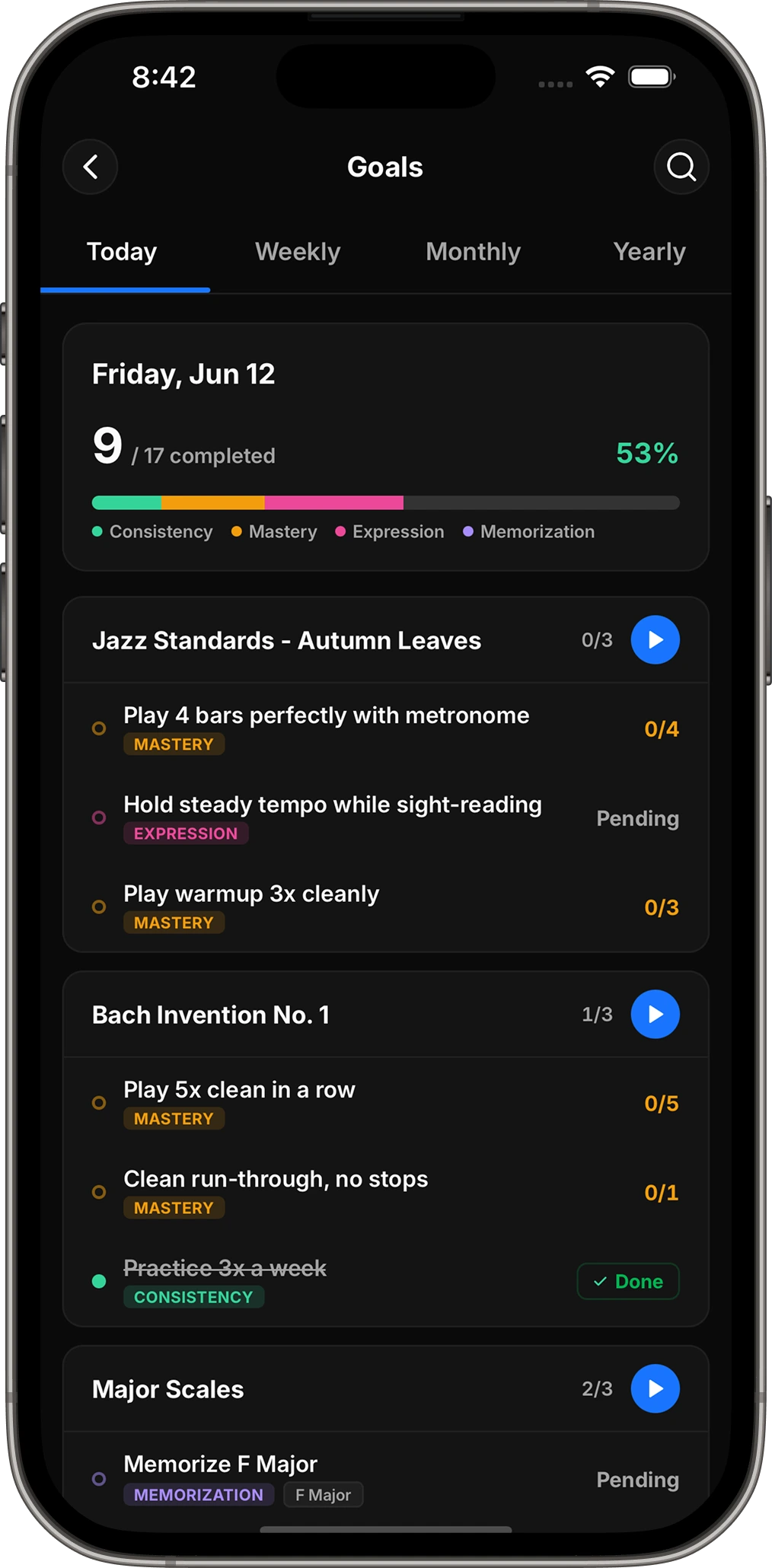 PracticePal daily goals and completed practice tasks